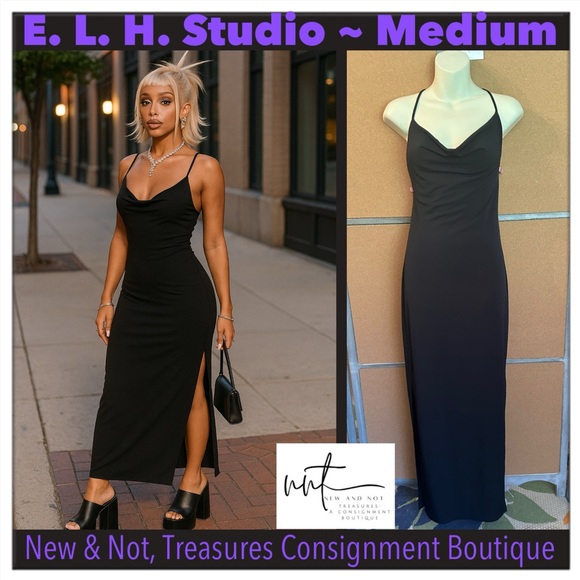 E.L.H. Studio Fashion Black Sleeveless Maxi Dress Women's Size Medium Slits Y2K - Picture 1 of 9